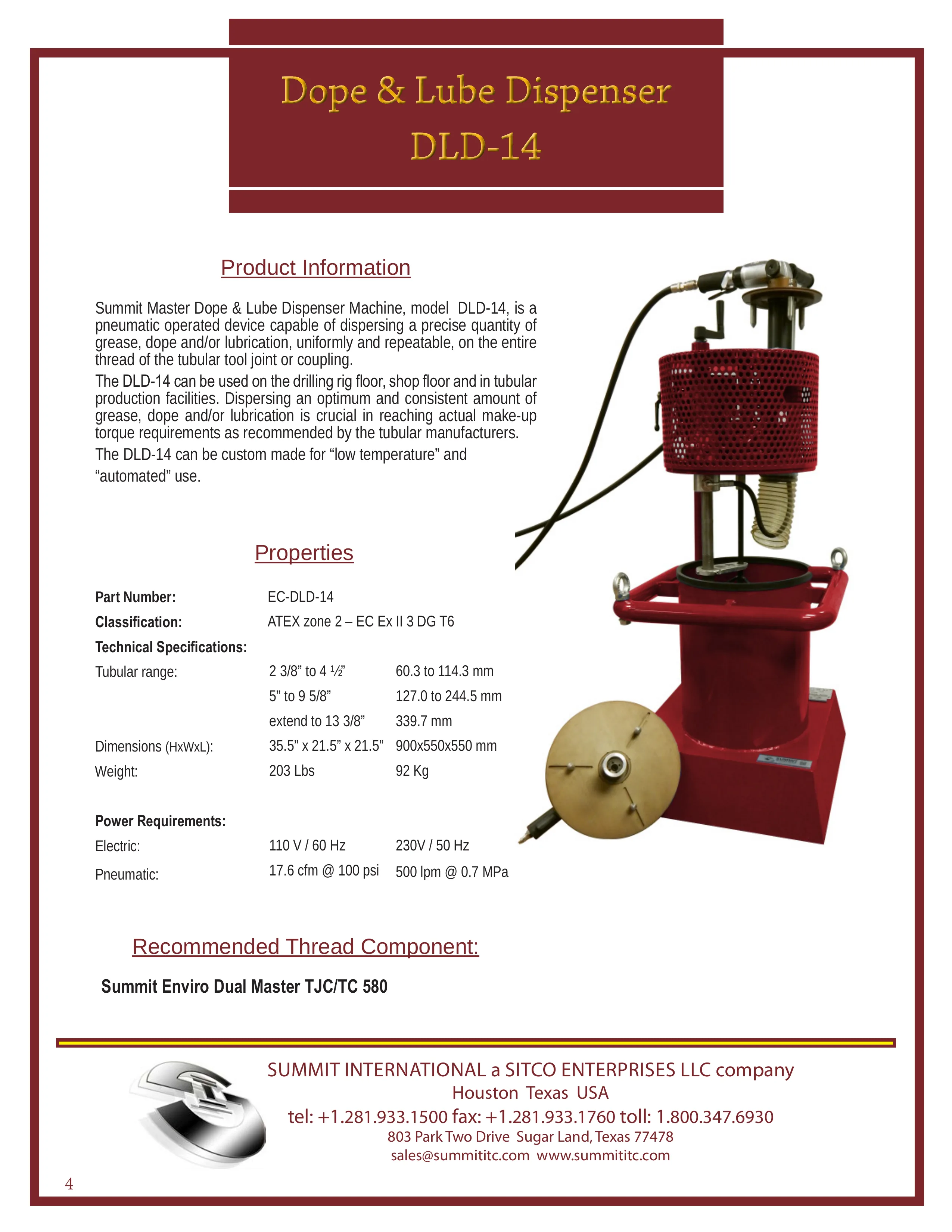 Dope & Lube Dispenser DLD-14 spec sheet