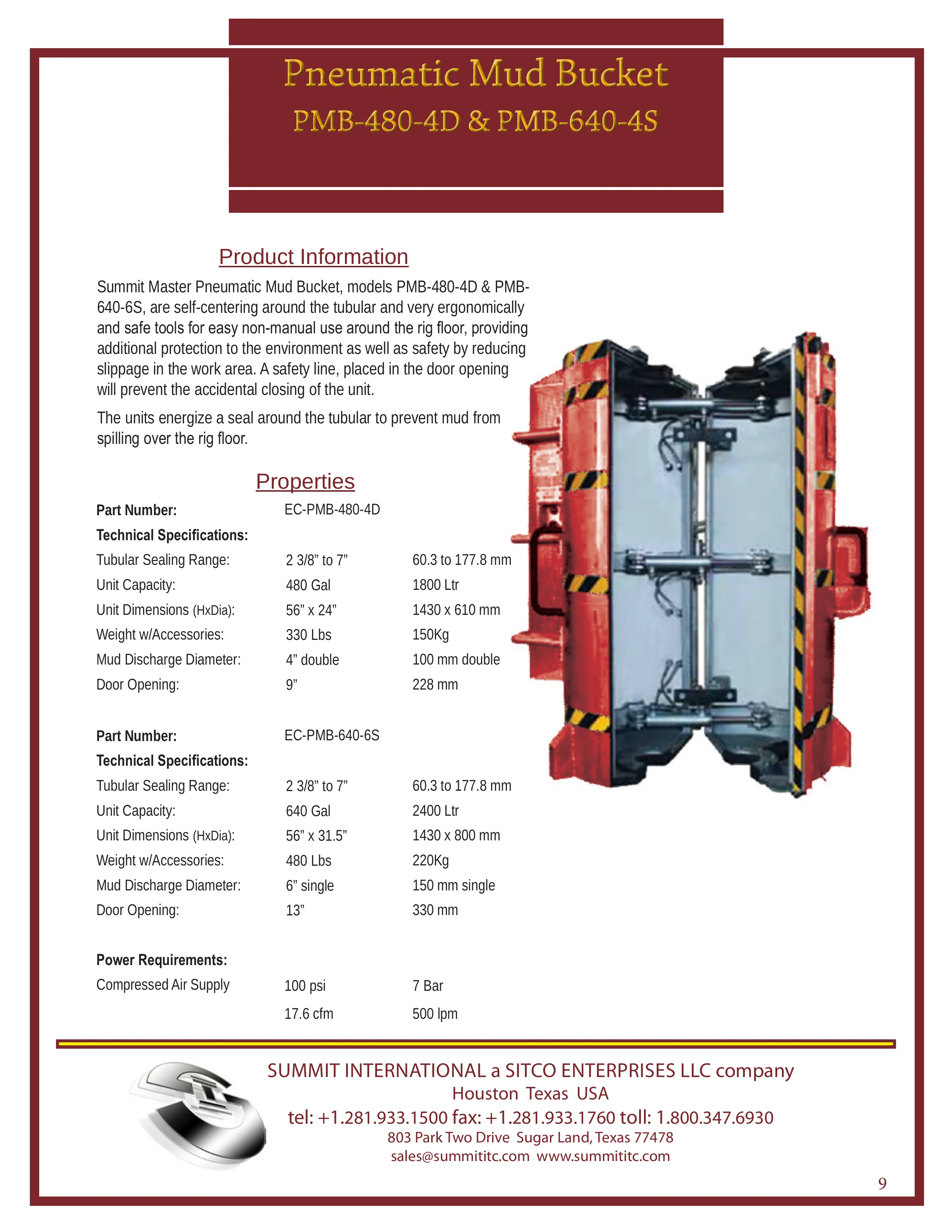 Pneumatic Mud Bucket PMB-480-4D & PMB-640-6S spec sheet